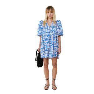 Hunter Bell Jenkins Mini Dress Womens XL Blue Yellow Puff Sleeve Cotton V-Neck